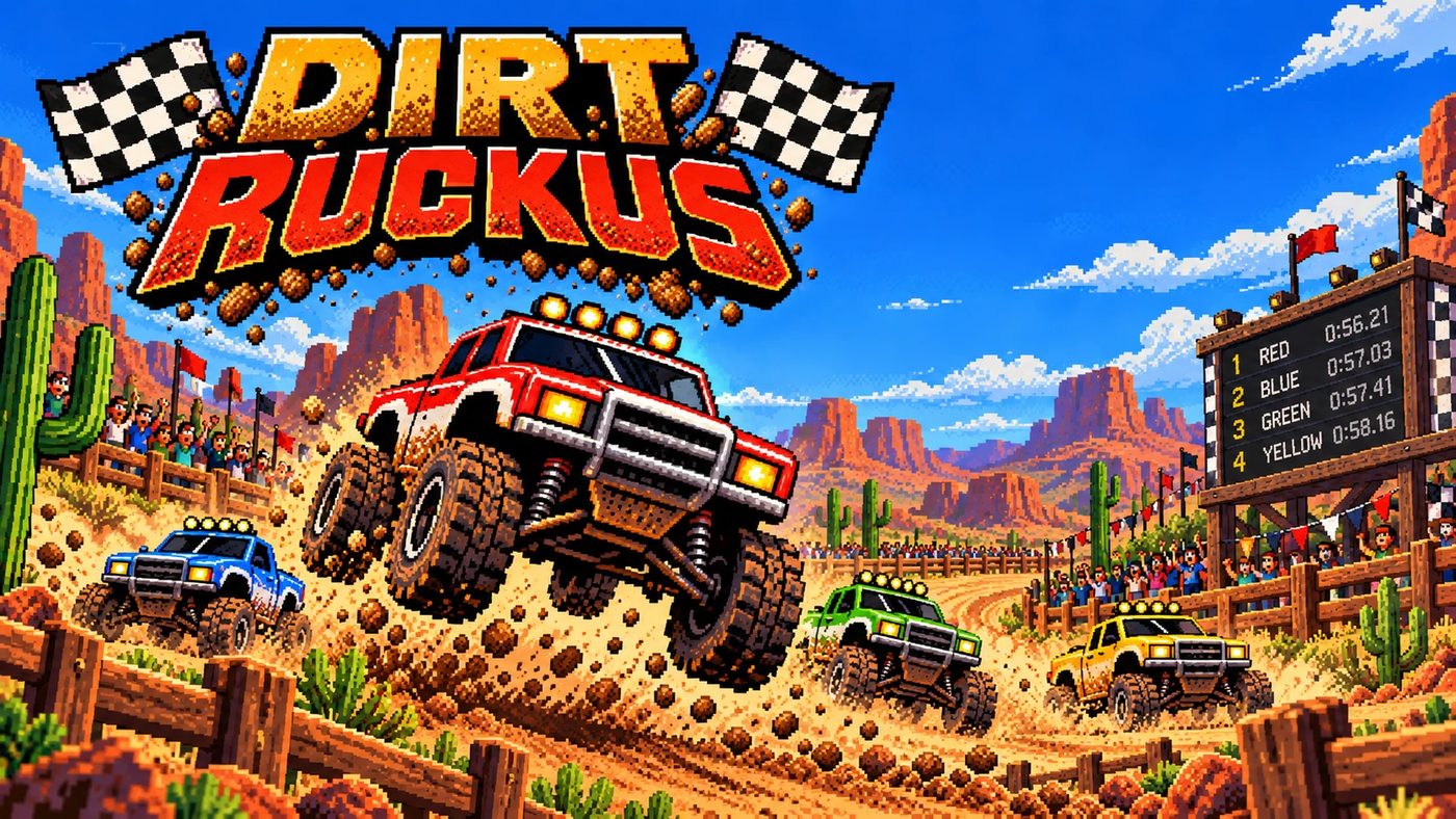 Dirt Ruckus monster truck catching air ahead of the pack on a desert track