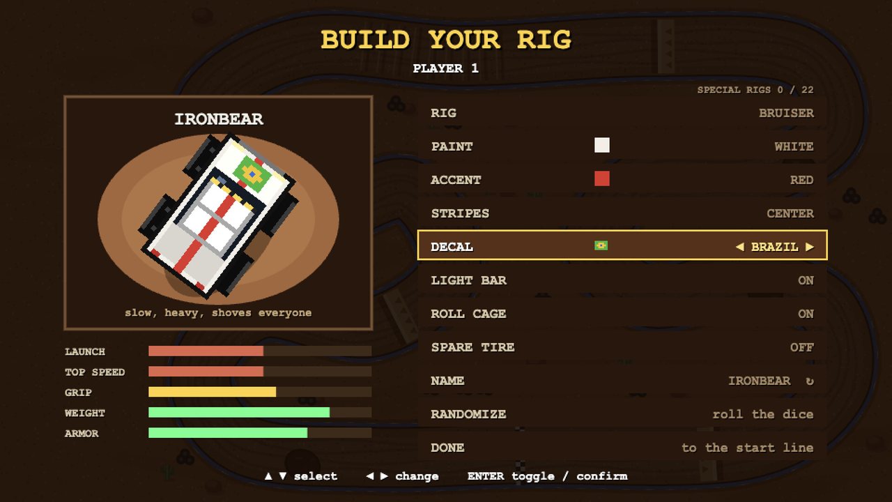 Dirt Ruckus Build Your Rig screen with paint, decal, light bar and roll cage options