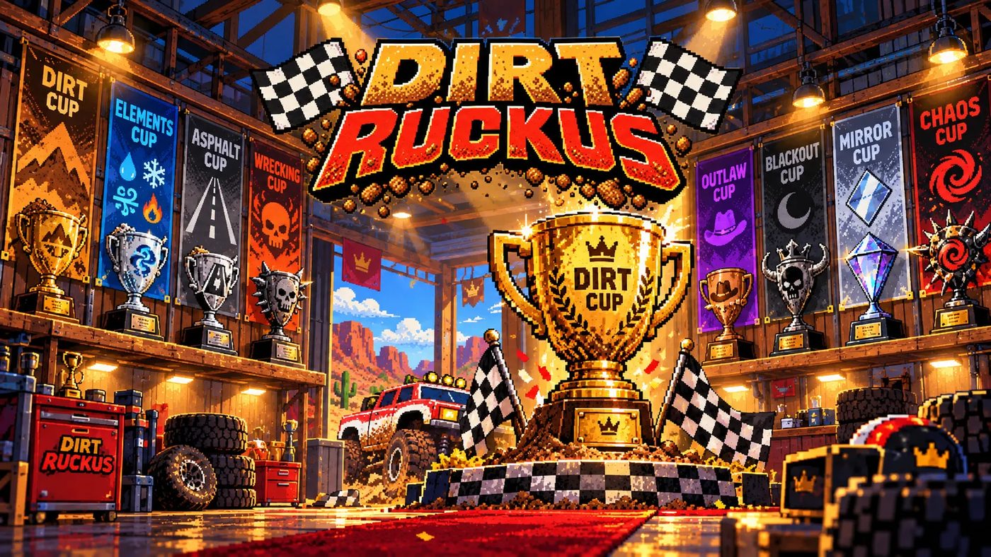 The Dirt Ruckus trophy hall with banners for all eight cups around the golden Dirt Cup