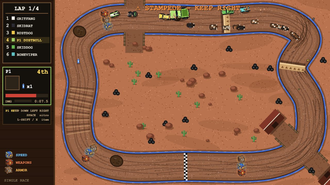 Dirt Ruckus gameplay: six trucks racing a desert track through a stampede warning