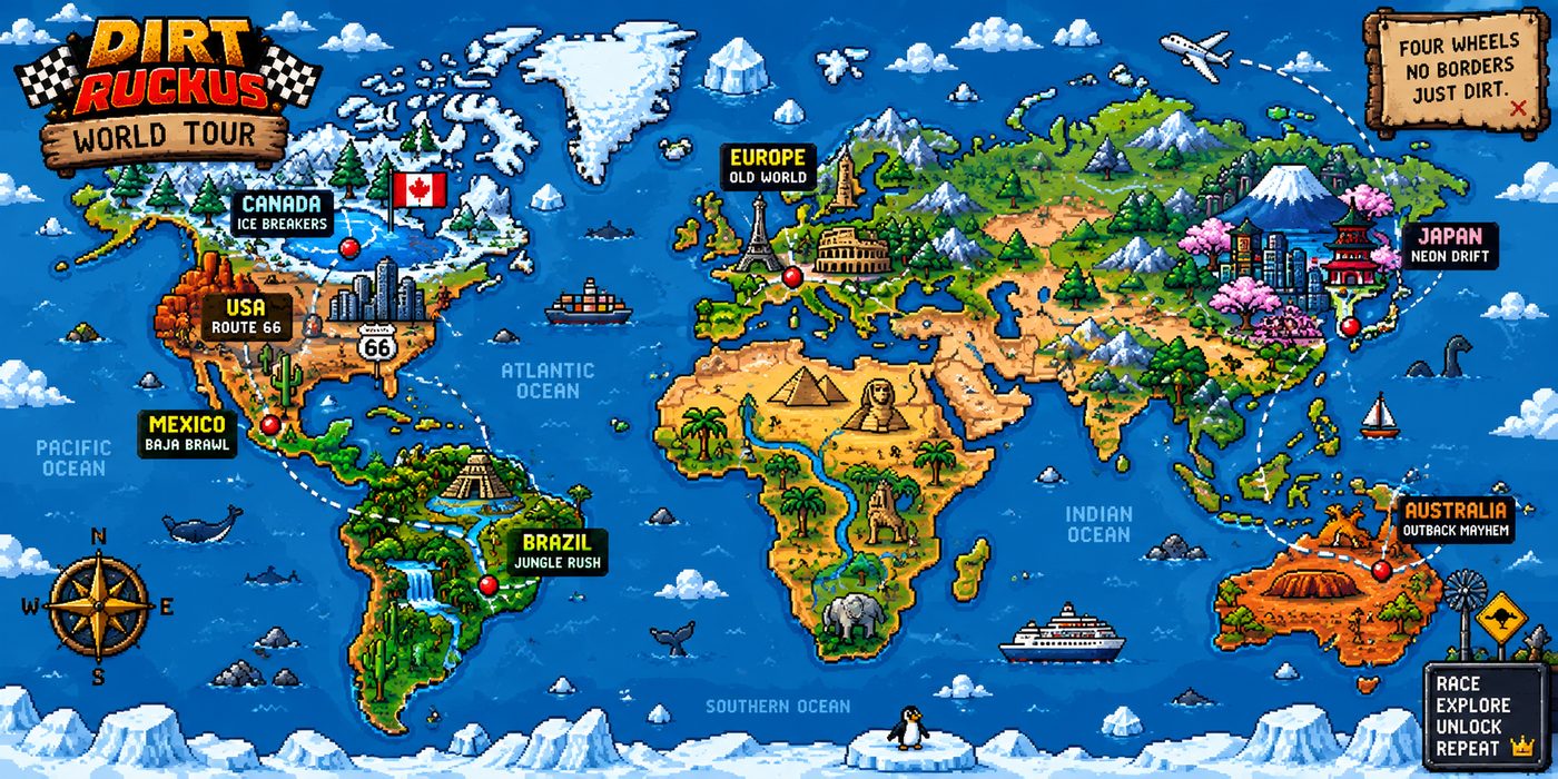 Dirt Ruckus World Tour map with race stops across Canada, the USA, Mexico, Brazil, Europe, Japan and Australia
